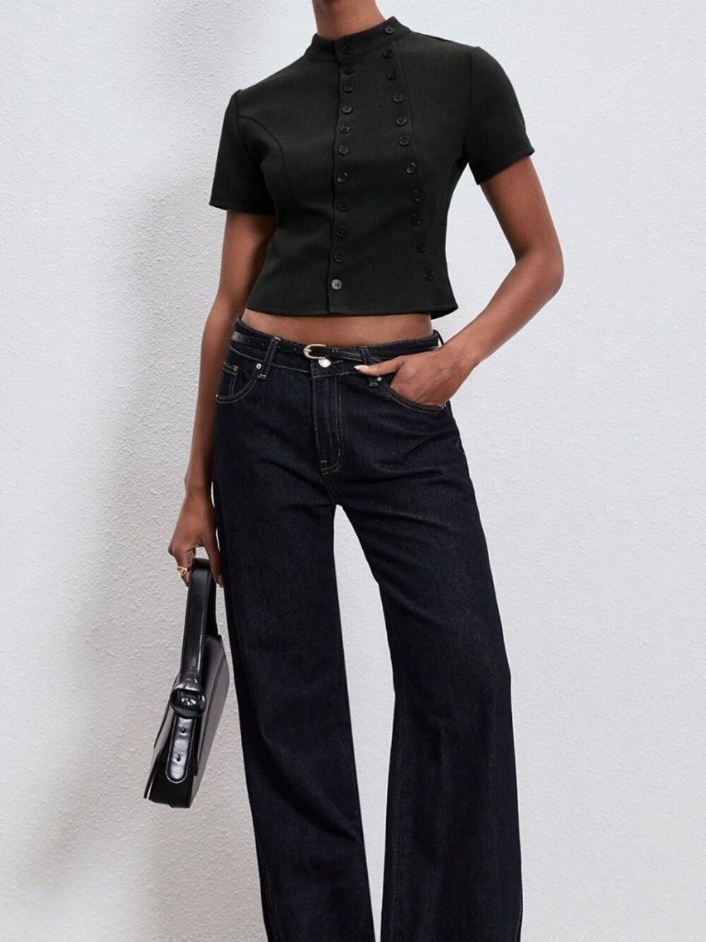 Black Casual Women's Double-Breasted Short Sleeve Blouse - Picture 2 of 6